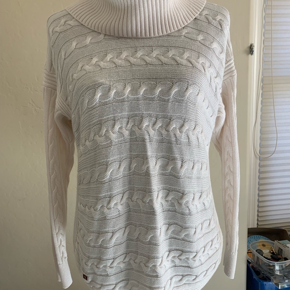 Lauren by Ralph Lauren Elegant Cream Cable Knit Cowl Neck Sweater Size Large